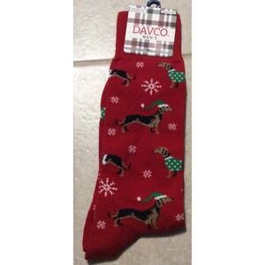 Davco Mens 10-13 Crew Socks Red Christmas Dachshund Dog Snowflake Holiday New